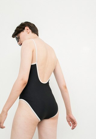 VINTAGE SWIMSUIT BLACK WHITE STRAPS 90S ONE PIECE MEDIUM LEG