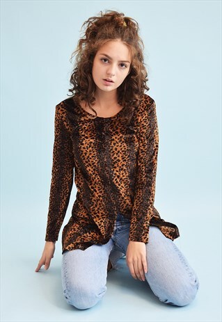80'S RETRO ANIMAL PRINT VELVET MOMS BLOUSE TOP