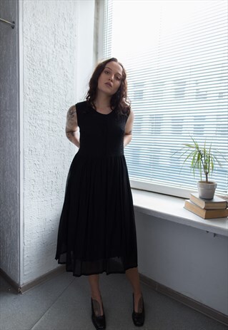 VINTAGE 80'S BLACK MIDI EMBROIDERED TOP SLEEVELESS DRESS