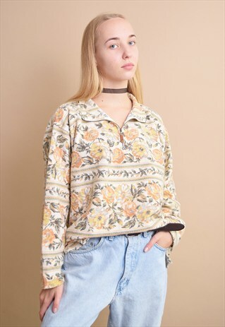 90'S RETRO FLORAL PATTERN OVERSIZED NEUTRAL JUMPER TOP