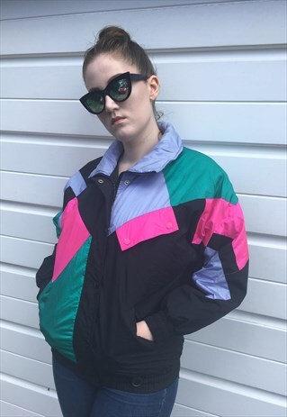 WOMENS VINTAGE 80S COAT SHELL SUIT JACKET FESTIVAL ZIPPER