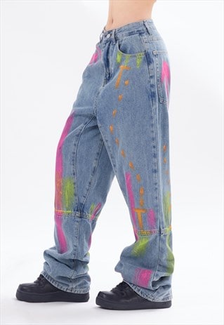 PAINT SPLATTER JEANS GRAFFITI DENIM TROUSER FLARE RAVE PANTS