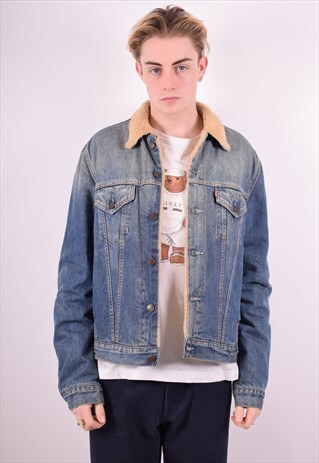 MENS VINTAGE SHERPA DENIM JACKET XL BLUE 90'S