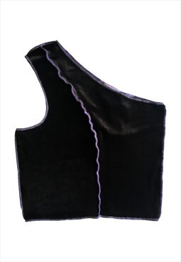 Velvet one shoulder top in black with purple stitching