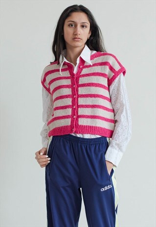 VINTAGE 90S CROP ROUNDNECK FUNKY HANDMADE PINK STRIPE VEST S