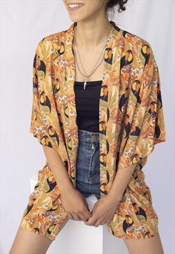Unisex Toucan Patterned Short Kimono Shirt/Vintage Style