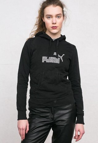 90S VINTAGE BLACK PUMA PULLOVER HOODIE SWEATSHIRT