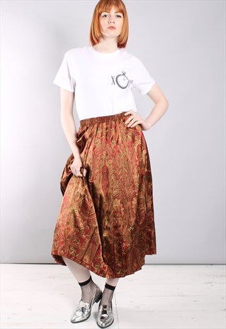 VINTAGE 80S SATIN PAISLEY PATTERNED PLEATED MIDI SKIRT