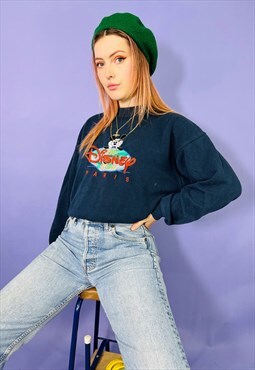 Vintage 90s Disney store Paris Embroidered Navy Sweatshirt