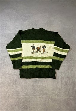 Vintage Knitted Jumper Embroidered Skiers Patterned Sweater