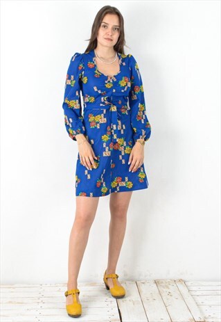 VINTAGE WOMEN M BRIGHT DRESS LONG PUFF SLEEVE SUMMER SWEDISH
