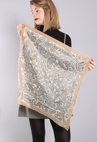 VINTAGE 60S PAISLEY PATTERNED GOLD PAINTED SILK SCARF
