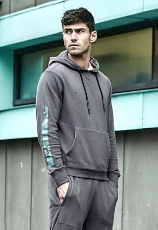 STEEL GREY AND TEAL COTTON PULLOVER HENRY HOODIE