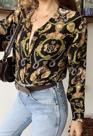 VINTAGE 80S ART NOUVEAU CHAIN PRINT SHIRT TOP BLOUSE