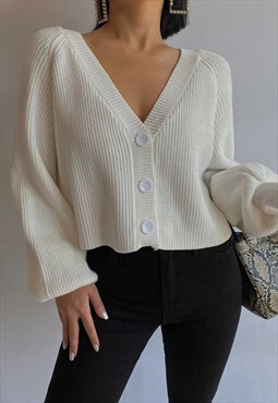 White Knitted Button Long Sleeve Top