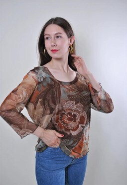 Women vintage brown floral print festival pullover blouse 