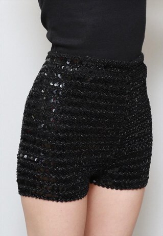 VINTAGE 1970'S SPARKLY BLACK SEQUIN SHORTS
