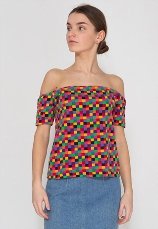 VINTAGE PURPLE RED KENZO JUNGLE CHECKERED OFF SHOULDER TOP