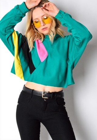 REWORKED VINTAGE 80S GREEN STRIPED CROPPED SWEATSHIRT