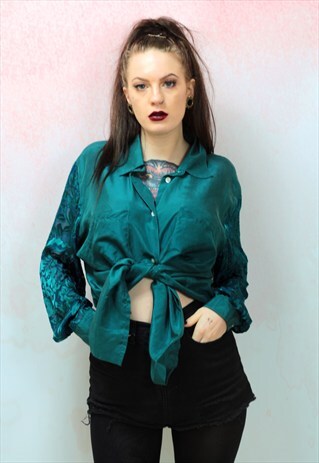 1980S VINTAGE EMERALD GREEN PURE SILK SHIRT WITH LACE SLEEVE