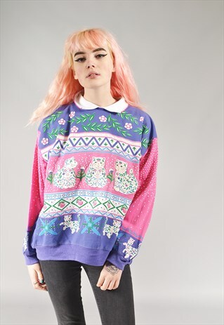 VINTAGE PINK CAT PATTERNED SWEATER