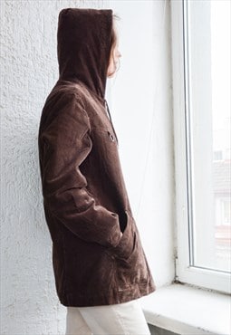 Vintage Brown Corduroy Hooded Parka Coat