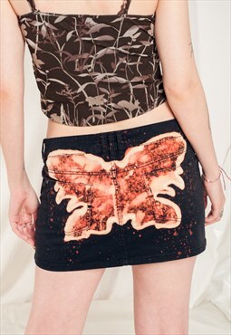 Vintage Denim Skirt Y2K Reworked Butterfly Painted Mini