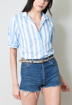 70's Vintage Ladies Short Sleeve Cotton Stripe Blue Blouse