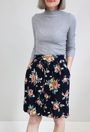 VINTAGE 90'S NAVY FLORAL CULOTTES SHORTS SKORT