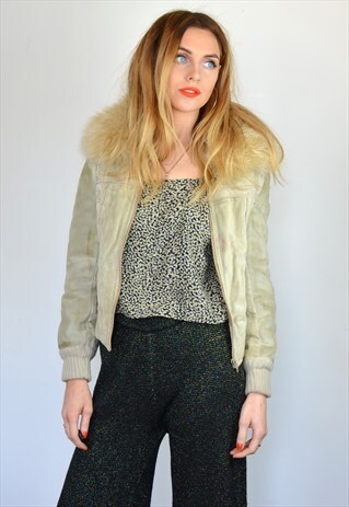 VINTAGE 90S BEIGE SUEDE & FAUX FUR COLLAR CROPPED JACKET