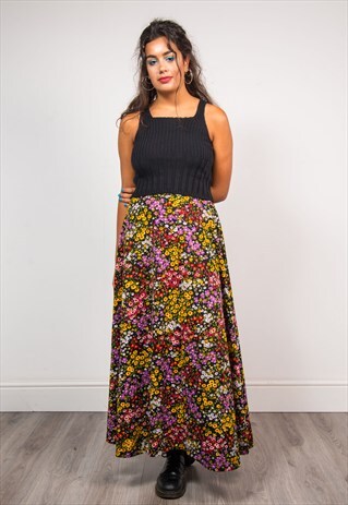 VINTAGE 70'S BLACK FLORAL BRIGHT PATTERN MAXI BOHO SKIRT