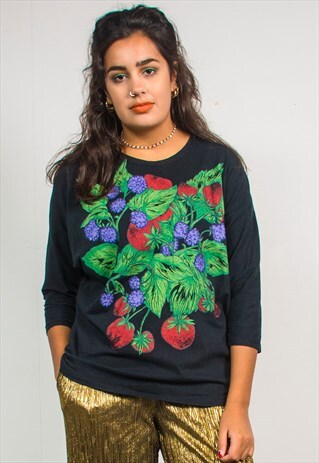 VINTAGE 80'S BLACK STRAWBERRY PLANT PRINT T-SHIRT