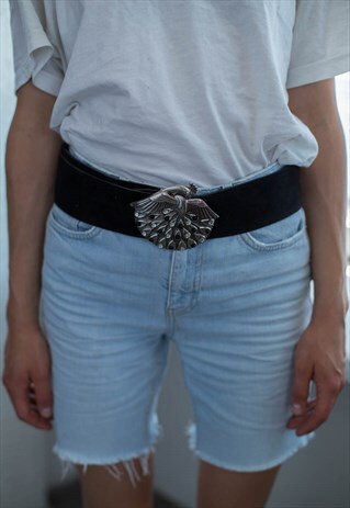 VINTAGE 80'S BLACK SUEDE LOOKS PEACOCK BUCKLE BELT