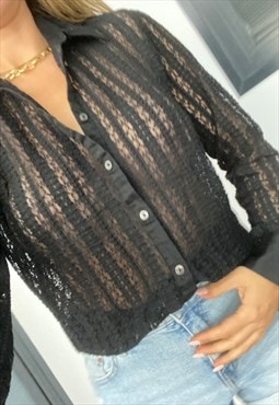 Y2K Black Lace Button Down Shirt