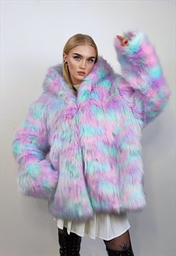 Hooded candy faux fur jacket unicorn bomber neon raver coat