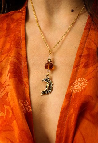 GOLD CRESCENT MOON & AMBER CRYSTAL DAINTY NECKLACE