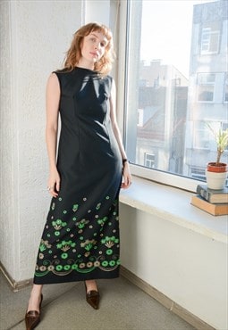 Vintage 60's Black Embroidered Maxi Dress