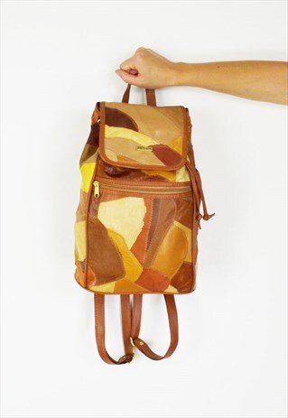 BROWN LEATHER PATCHWORK BACKPACK BAG