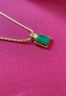 Green Malachite Boho Pendant on Gold Rope Necklace