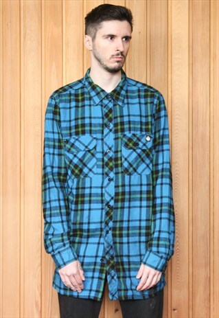 VINTAGE BLUE AND GREEN CHECKED FLANNEL SHIRT
