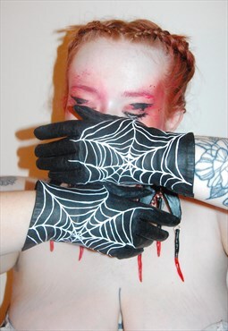 Black Leather Gloves With Painted White Gothic Spider Web