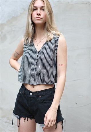 VINTAGE 90'S STRIPED SLEEVELESS BLOUSE IN GREY