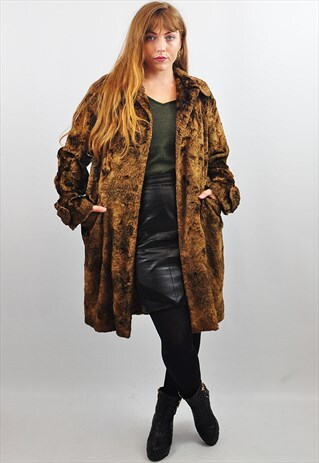 VINTAGE 1960'S CLASSIC BROWN FAUX FUR WINTER COAT