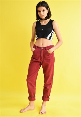 90'S RETRO REGULAR WAIST STRAIGHT CUT MAROON DENIM JEANS