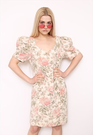 VINTAGE 80S PALE PINK FLORAL PUFF SLEEVE PROM DRESS