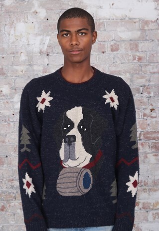 VINTAGE CASTELBAJAC KNITTED DOG JUMPER NAVY BLUE WHITE