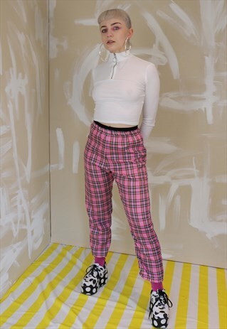 HIGH WAIST TARTAN CHECK TROUSERS IN BABY PINK