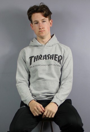 VINTAGE THRASHER HOODIE IN GREY WITH PRINTED LOGO AND POUCH