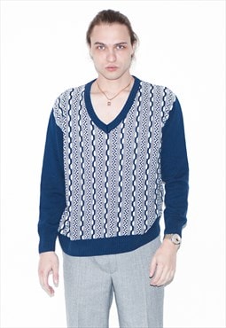 Vintage 90s geometric print warm v-neck jumper in blue
