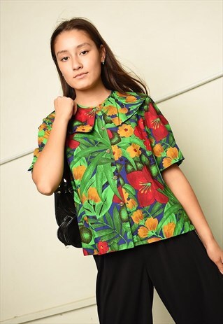 VINTAGE 80S RETRO JUNGLE PRINT PARIS CHIC BLOUSE TOP
